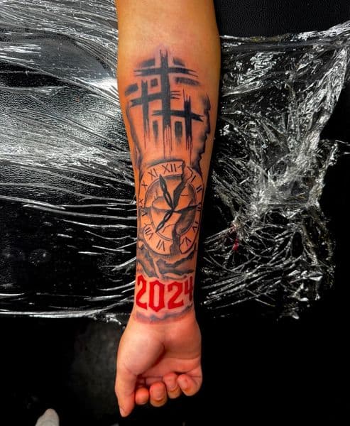 Black & Grey + Lettering crosses tattoo on Forearm by JST on TattMe