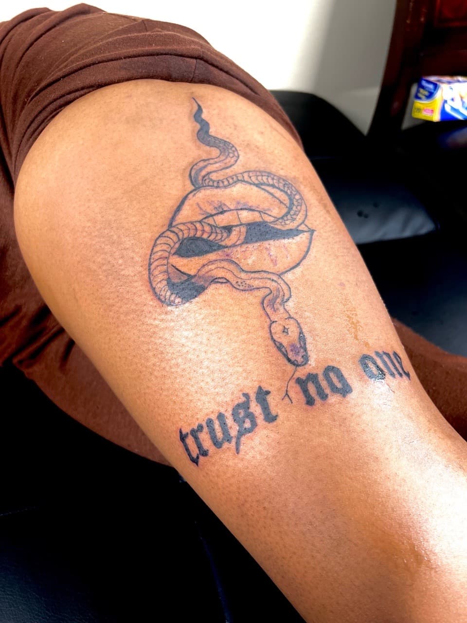 Black-work + Lettering snake tattoo on Thigh by JST on TattMe