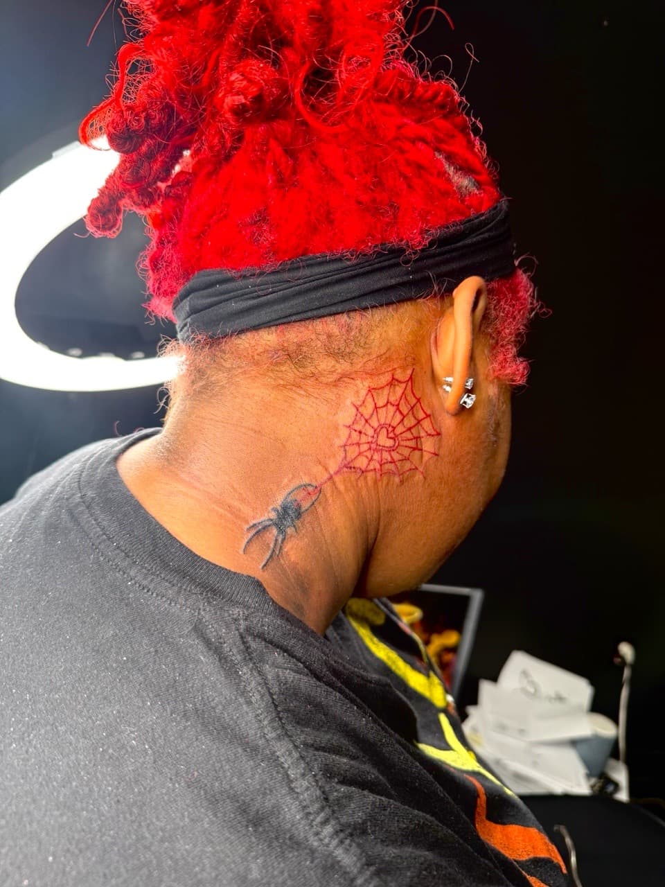 Fine Line + Black-work spider tattoo on Neck (Side) by JST on TattMe