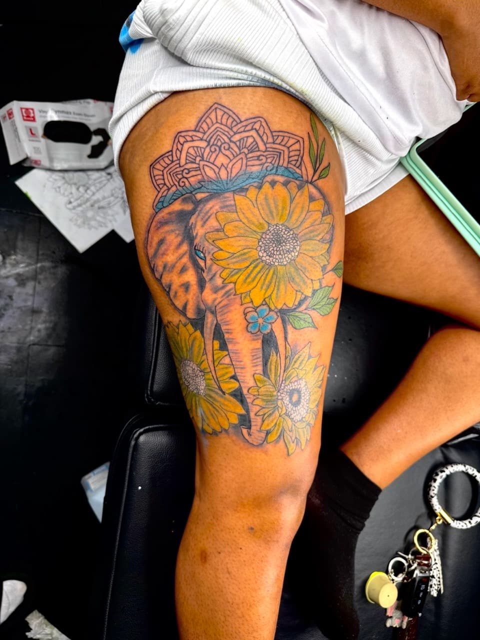 Color + Illustrative elephant tattoo on Thigh by JST on TattMe