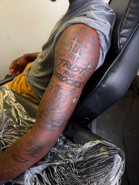 Black & Grey + Lettering chess queen tattoo on Half Sleeve by JST on TattMe