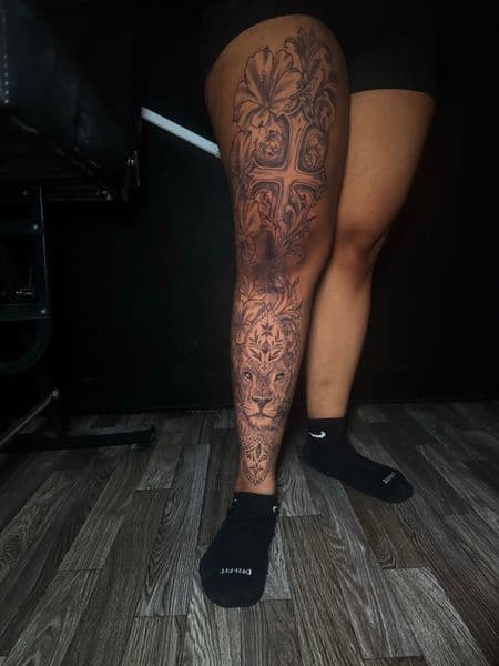 Illustrative + Black & Grey lion tattoo on Full Leg Sleeve by JST on TattMe