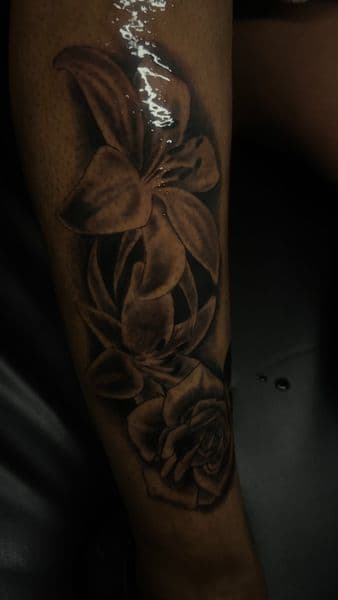 Black & Grey + Floral flowers tattoo on Calf by osoinks on TattMe