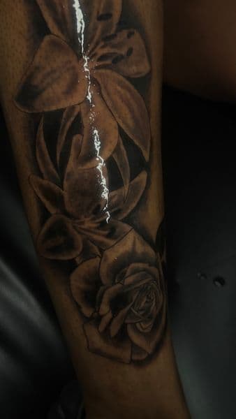 Black & Grey + Floral flowers tattoo on Calf by osoinks on TattMe