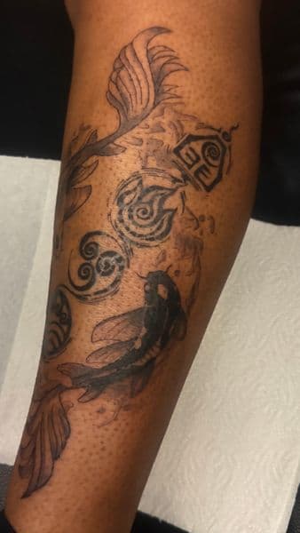 Black & Grey + Illustrative koi fish tattoo on Shin by osoinks on TattMe