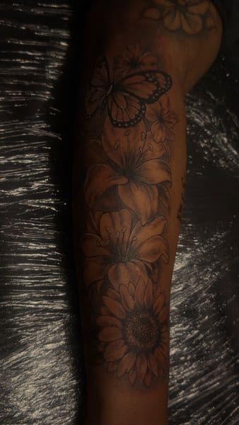Floral + Black & Grey butterfly tattoo on Forearm by osoinks on TattMe