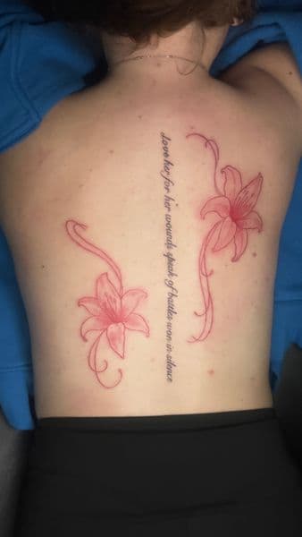 Fine Line + Floral lilies tattoo on Upper Back by osoinks on TattMe