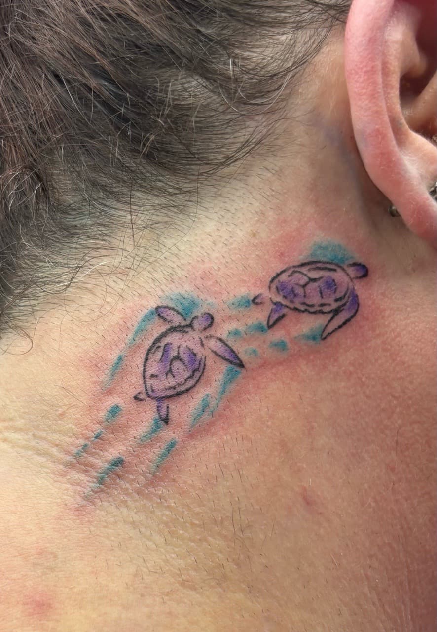 Color + Illustrative turtles tattoo on Behind Ear by AdrianWareTattoos on TattMe