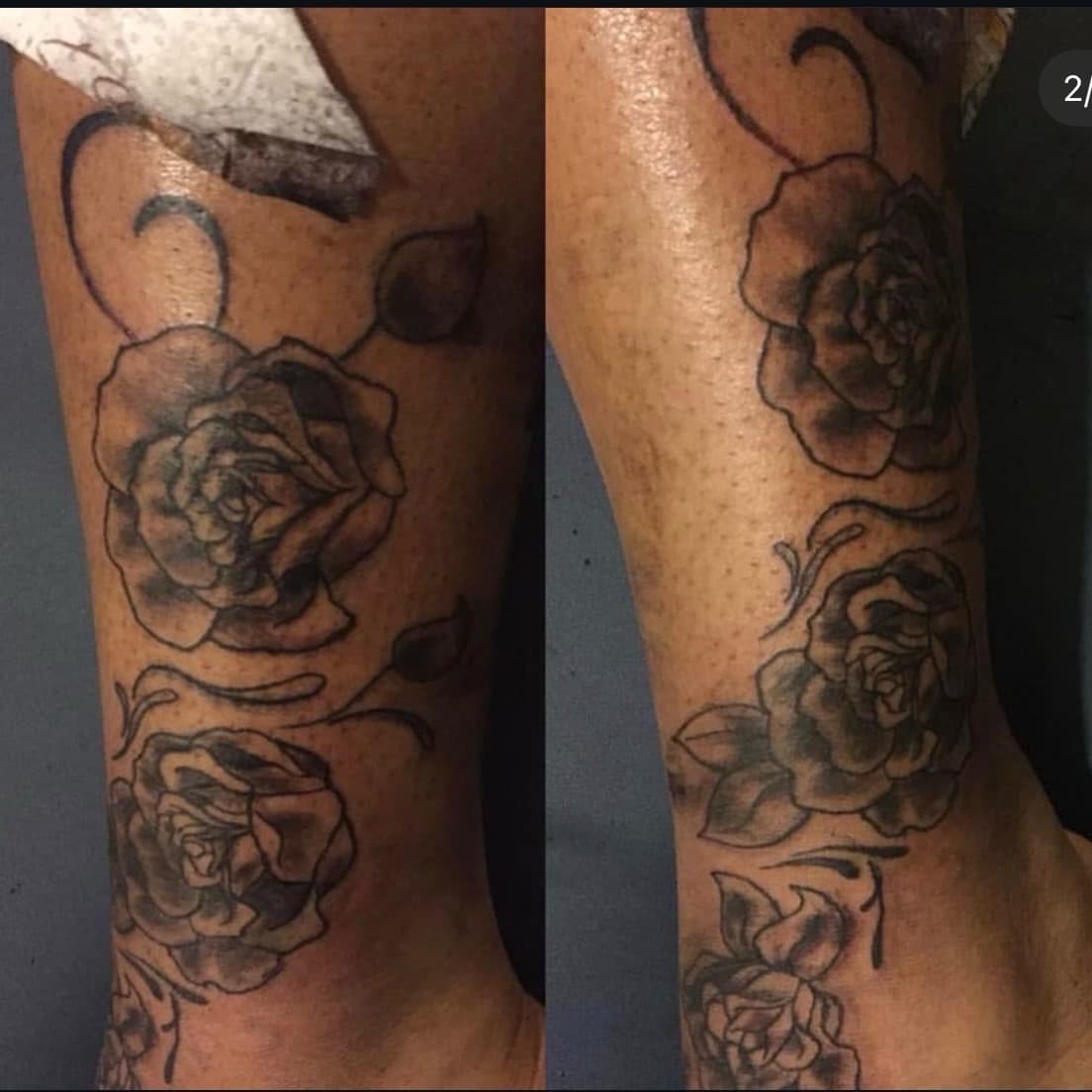 Black & Grey + Floral roses tattoo on Calf by Art_by_Prynce on TattMe