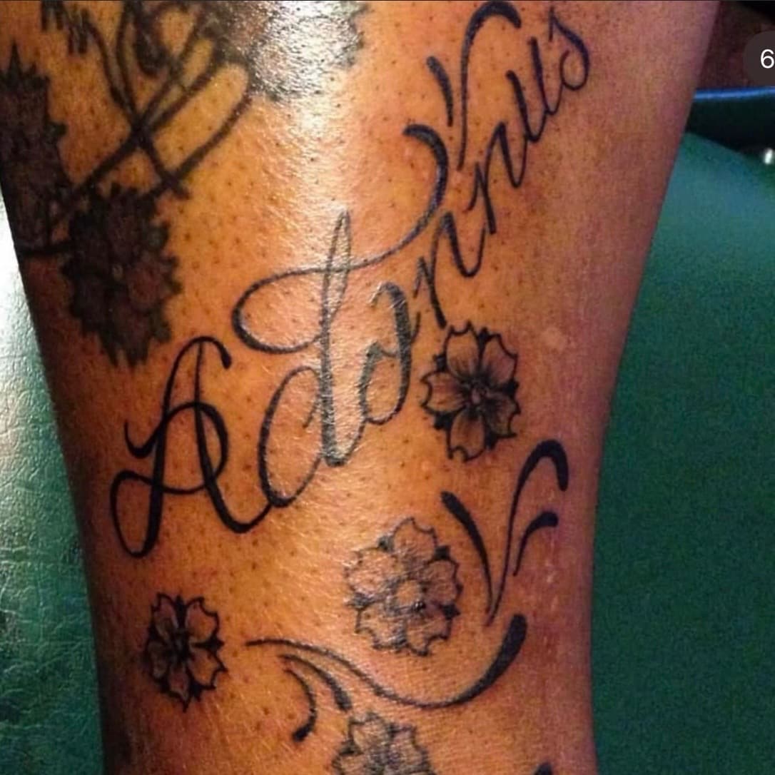 Lettering + Script flowers tattoo on Calf by Art_by_Prynce on TattMe