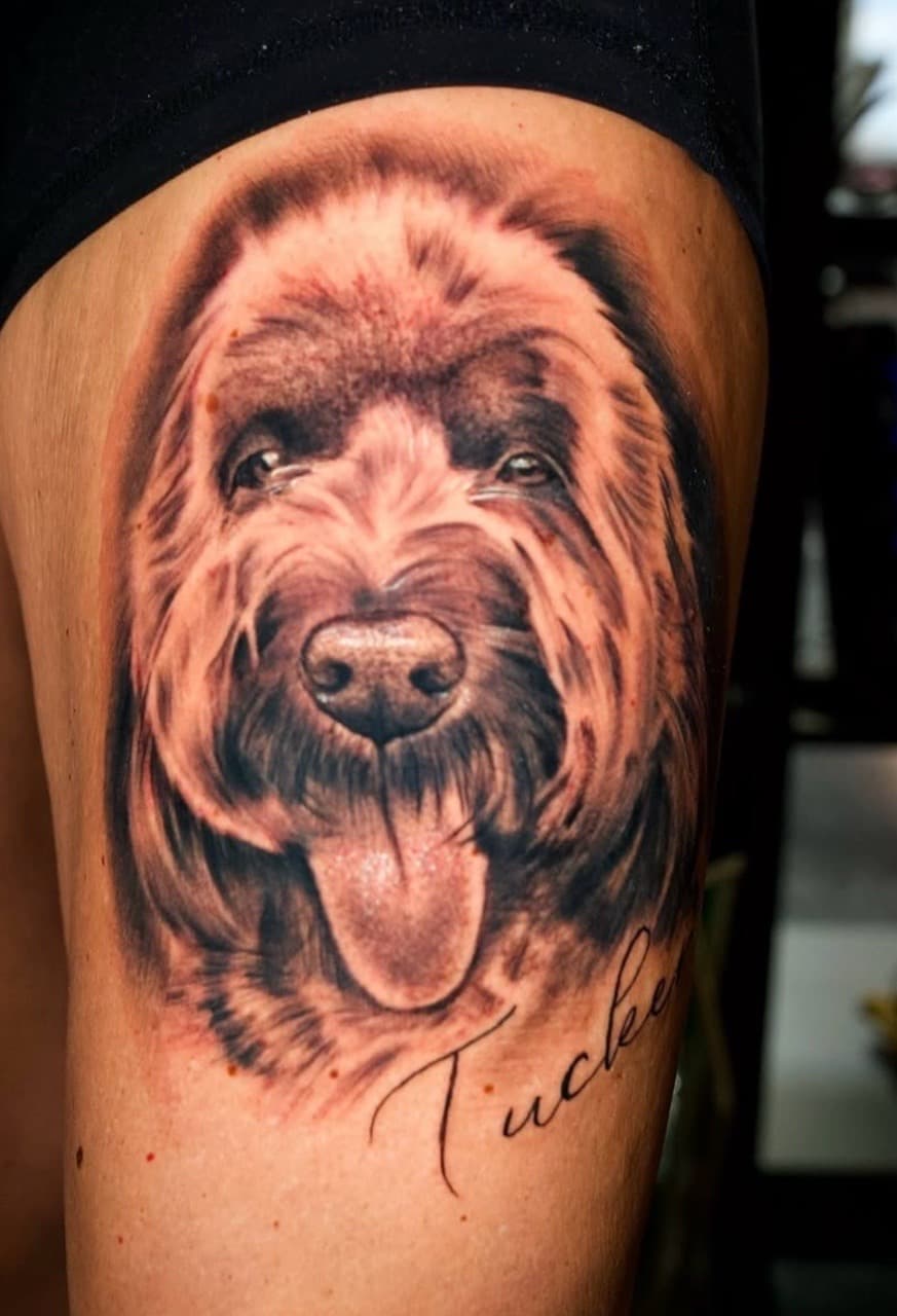Realism + Black & Grey dog tattoo on Thigh by Tattoosbyjm on TattMe