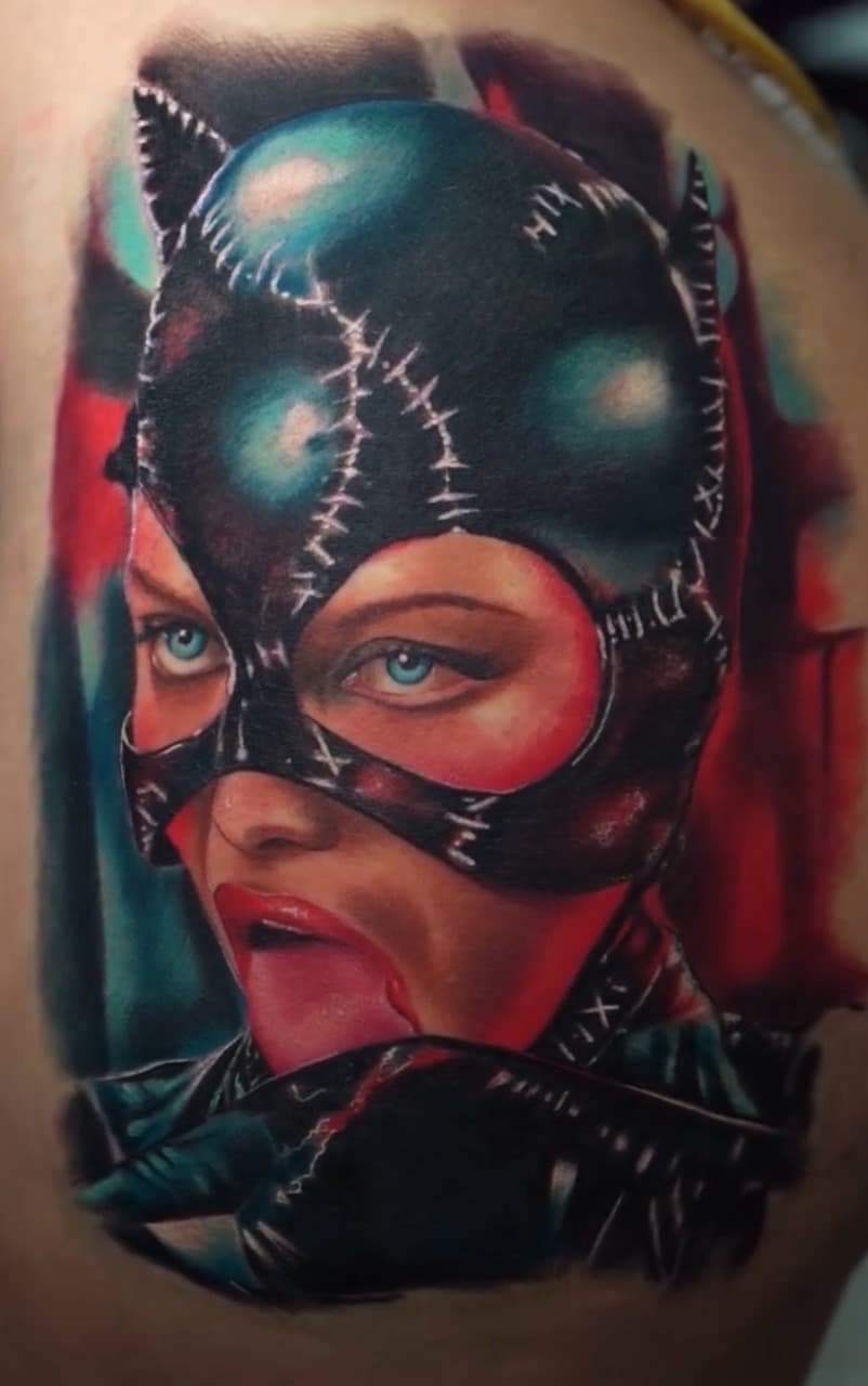 Realism + Color catwoman tattoo on Shoulder by Tattoosbyjm on TattMe