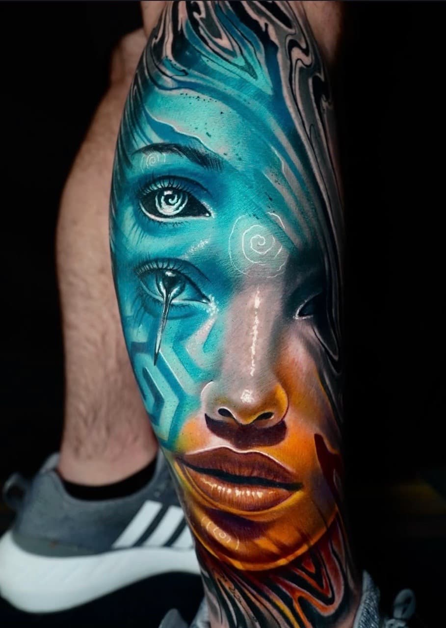 Realism + Illustrative woman tattoo on Calf by Tattoosbyjm on TattMe