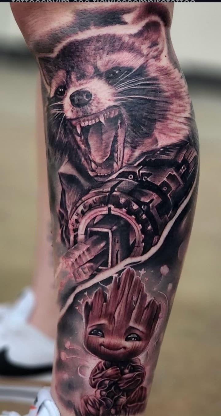 Black & Grey + Realism rocket raccoon tattoo on Calf by Tattoosbyjm on TattMe