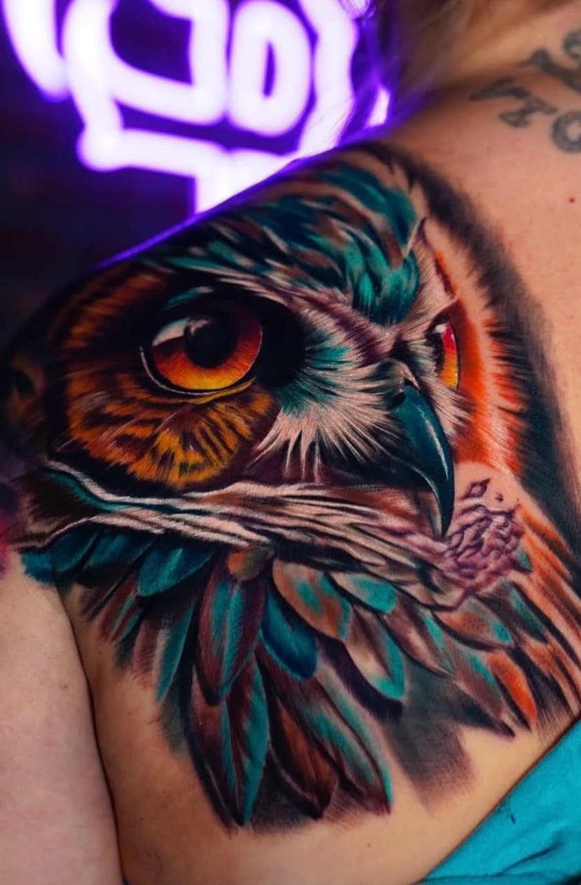 Realism + Color owl tattoo on Shoulder Blade by Tattoosbyjm on TattMe