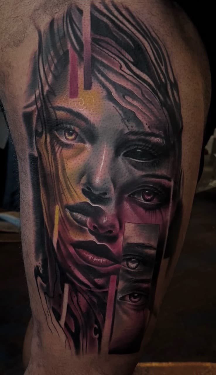 Realism + Surrealism woman tattoo on Thigh by Tattoosbyjm on TattMe