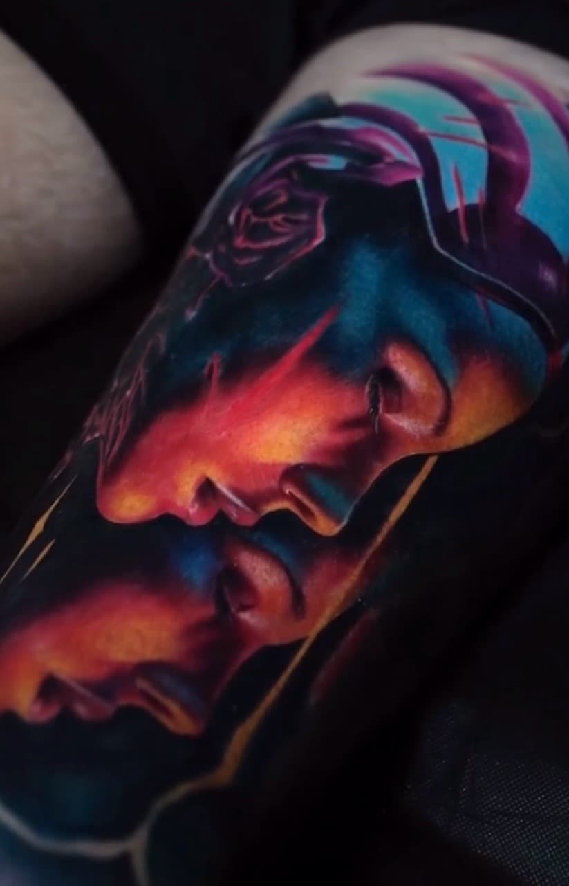 Realism + Color faces tattoo on Thigh by Tattoosbyjm on TattMe