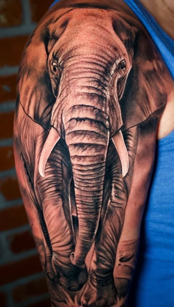 Realism + Black & Grey elephant tattoo on Upper Arm by Tattoosbyjm on TattMe