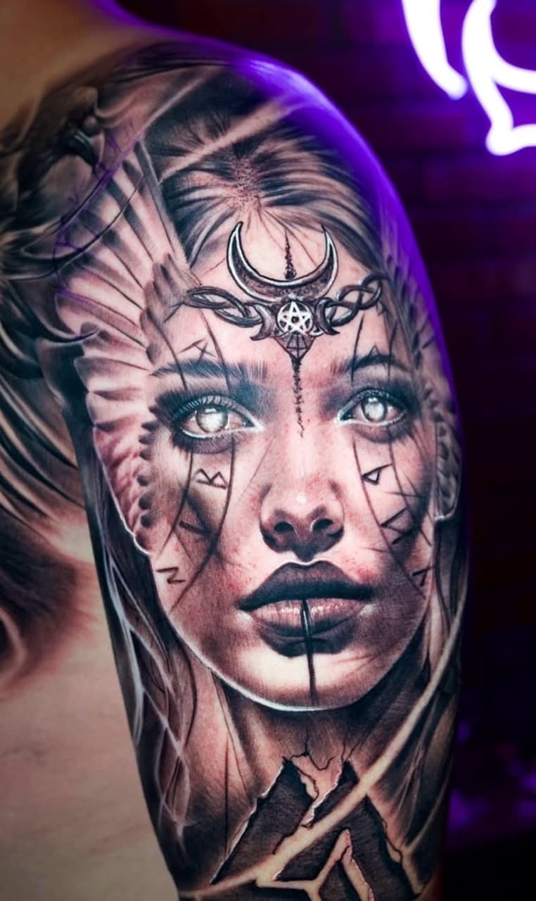 Portrait Realism + Realism valkyrie tattoo on Upper Arm by Tattoosbyjm on TattMe