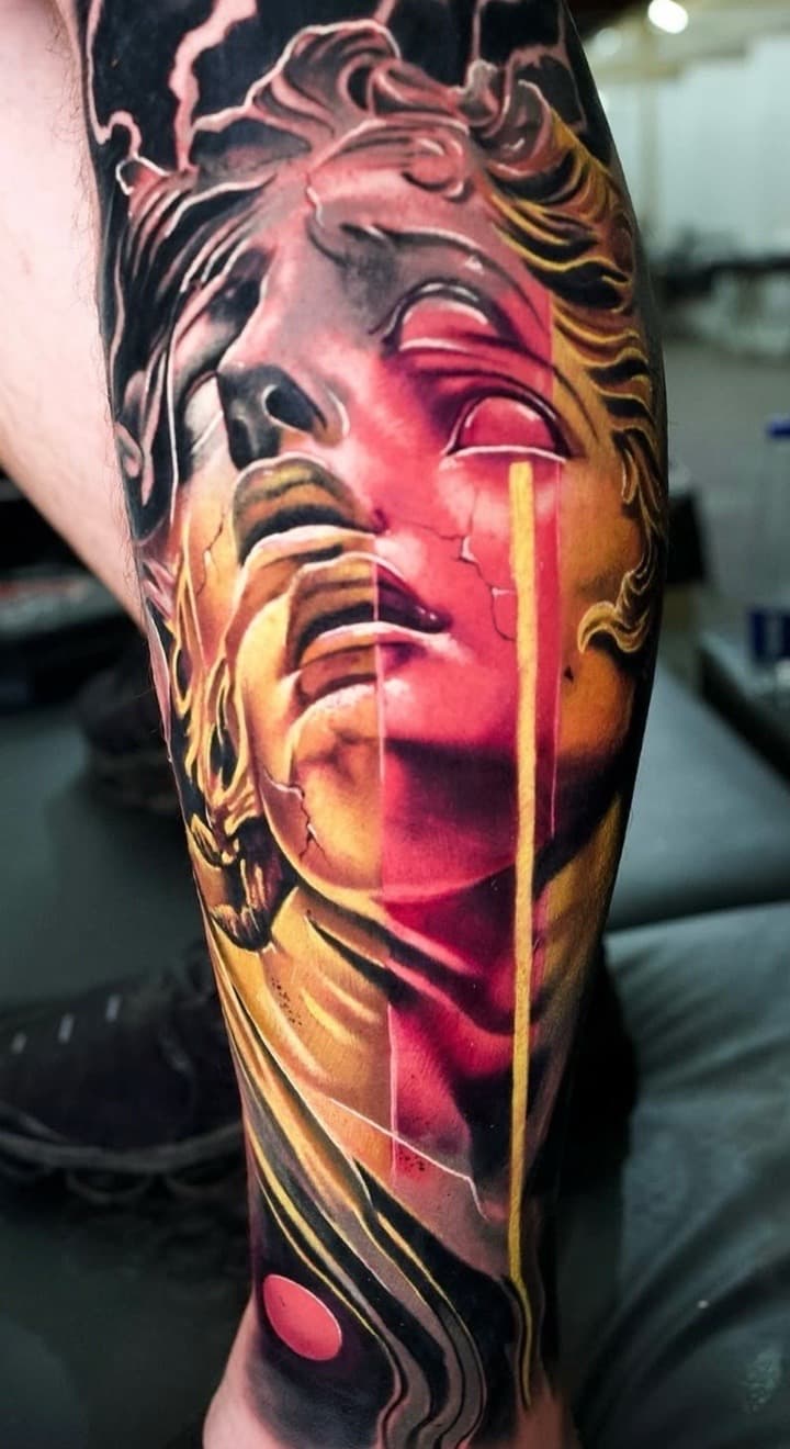 Realism + Color statue tattoo on Calf by Tattoosbyjm on TattMe