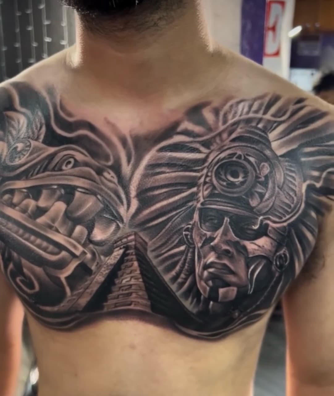 Black & Grey + Realism aztec tattoo on Chest by Tattoosbyjm on TattMe