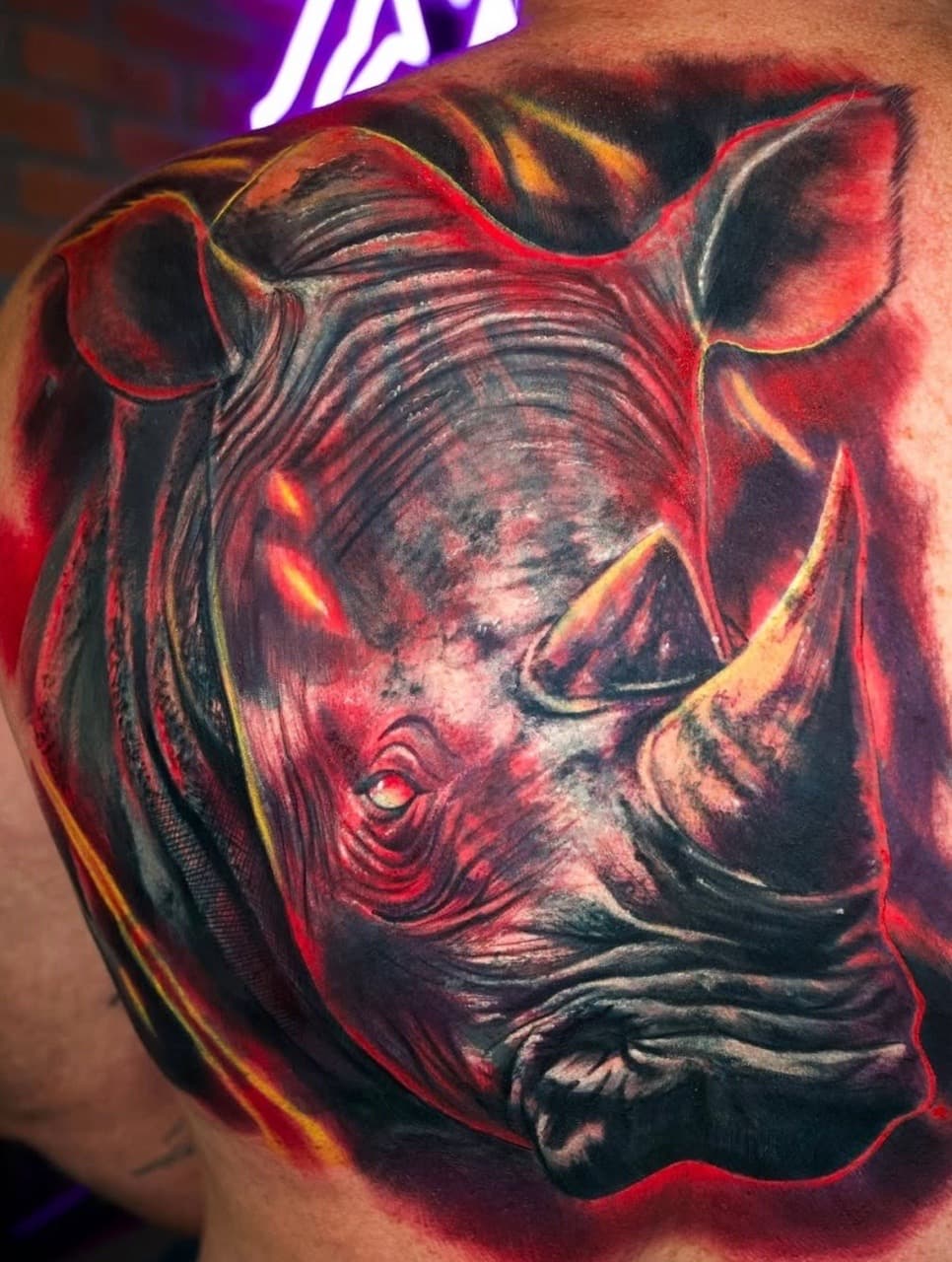 Realism + Color rhino tattoo on Shoulder by Tattoosbyjm on TattMe