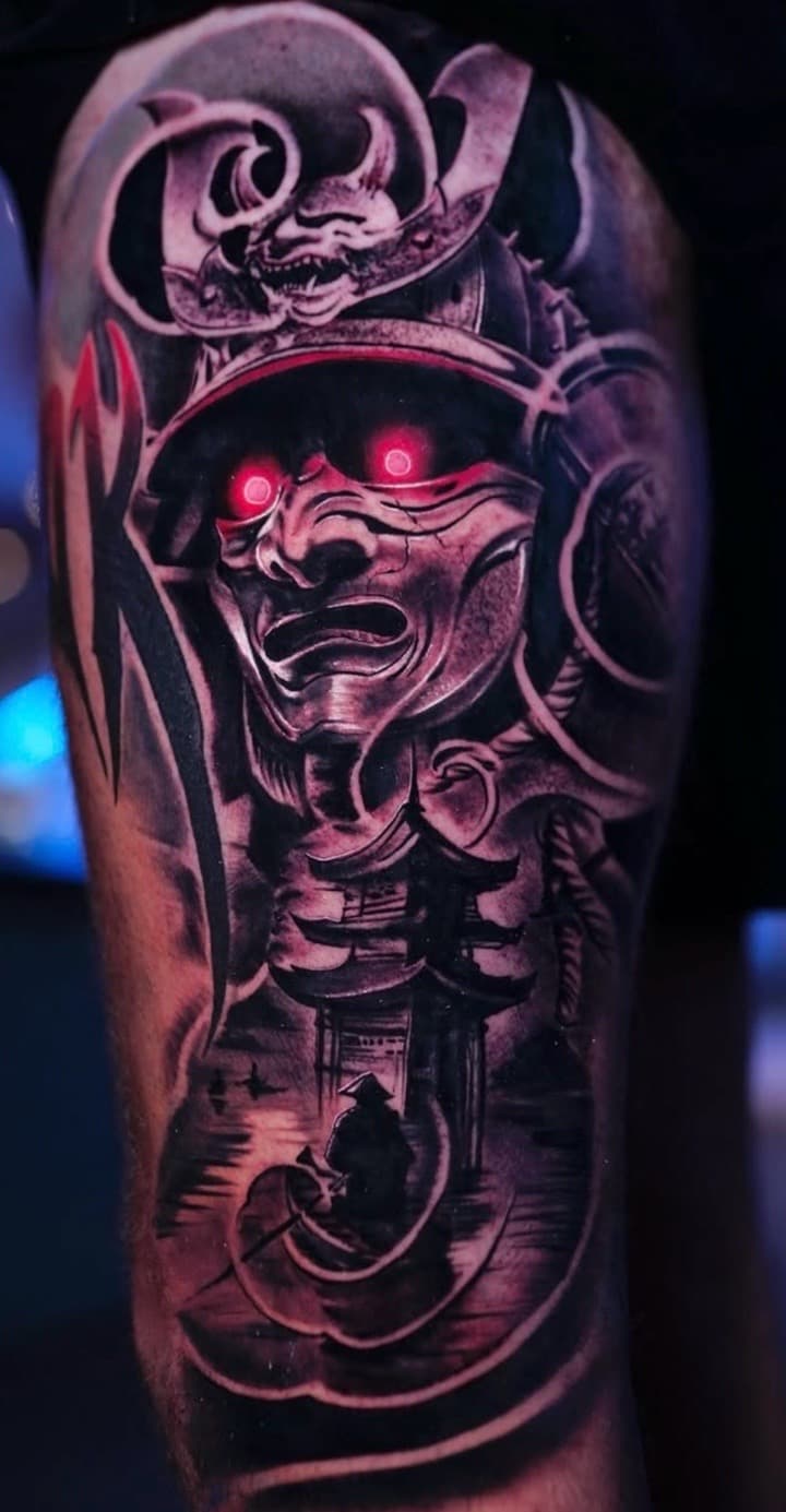 Black & Grey + Realism samurai tattoo on Thigh by Tattoosbyjm on TattMe