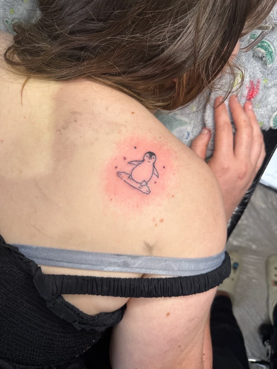 Fine Line + Minimalist penguin tattoo on Shoulder Blade by Jarieliz_Stick_and_Ink on TattMe