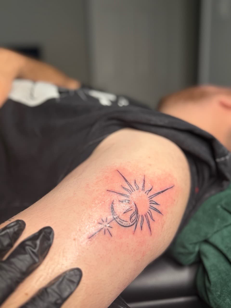 Fine Line + Minimalist sun tattoo on Upper Arm by Jarieliz_Stick_and_Ink on TattMe