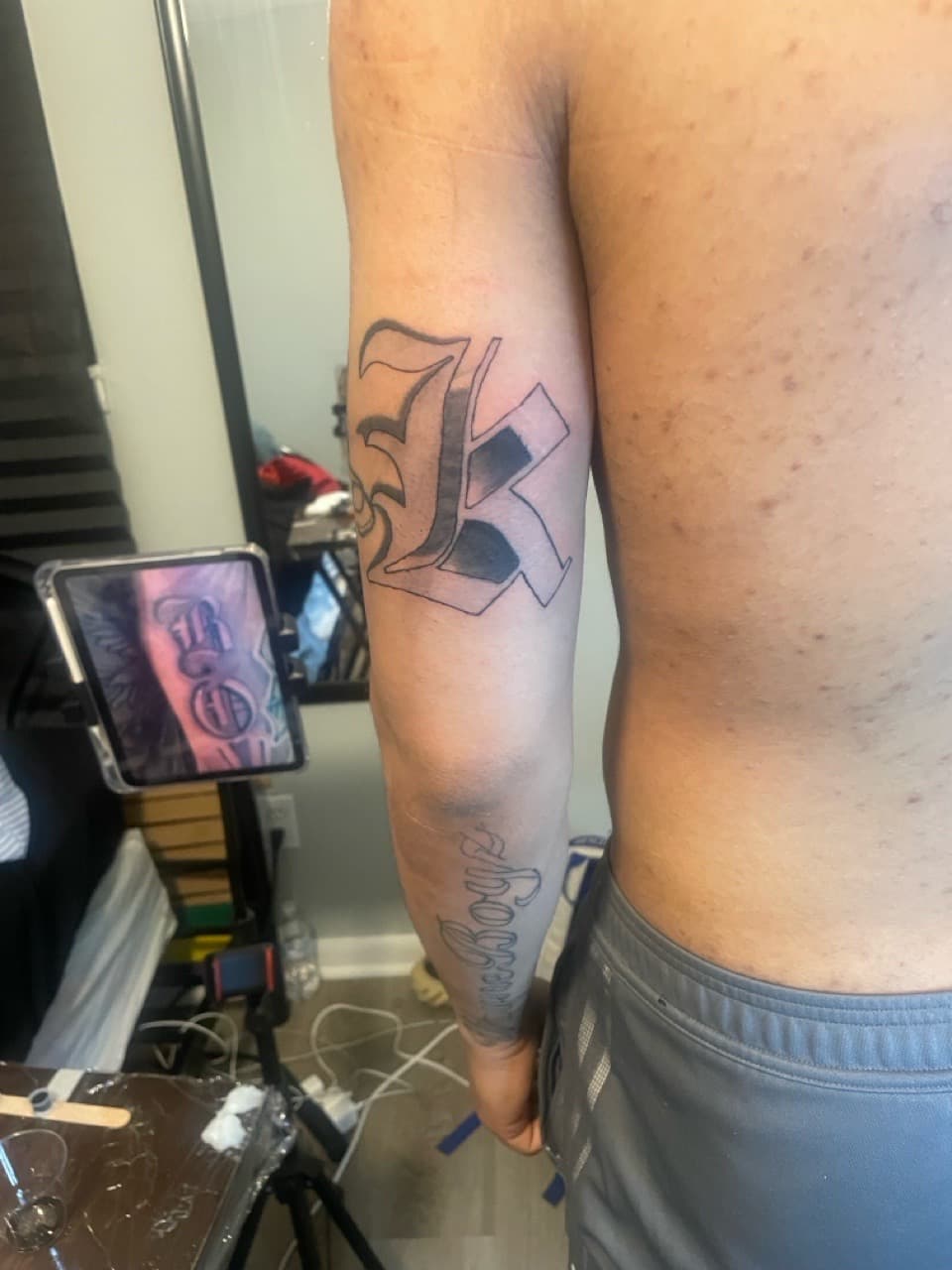 Lettering + Black & Grey letter tattoo on Upper Arm by Inkbykey on TattMe