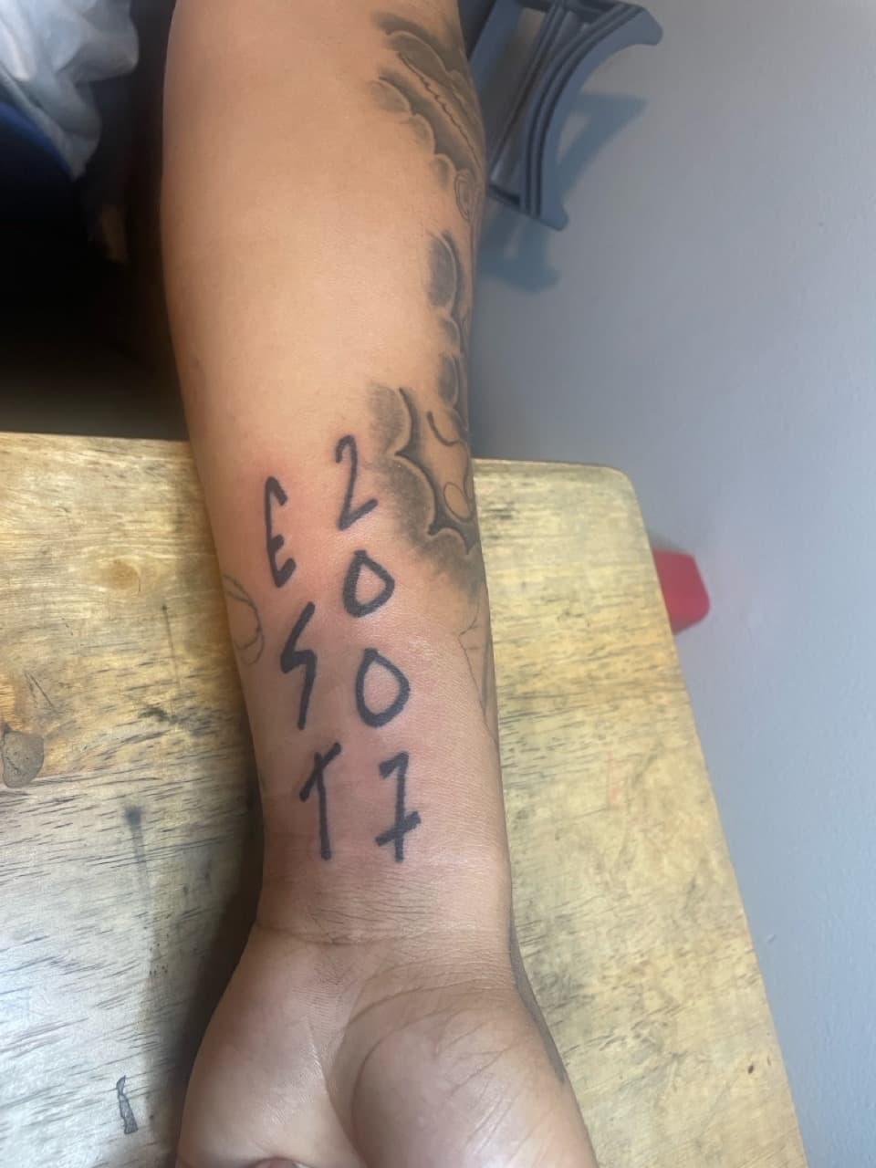 Lettering + Black-work numbers tattoo on Forearm by Inkbykey on TattMe