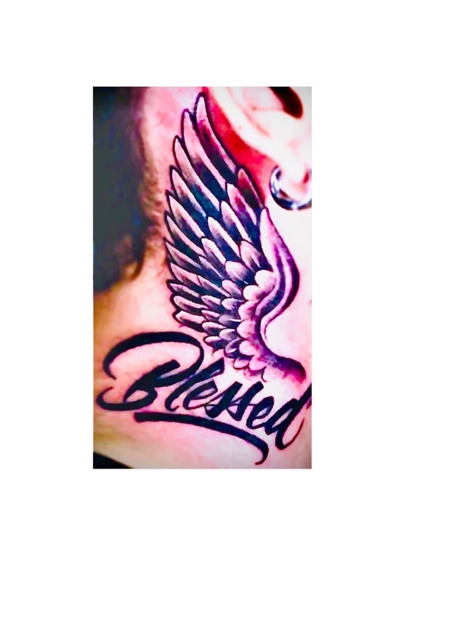 Lettering + Script wing tattoo on Neck (Side) by Blessed_Hands_INK on TattMe