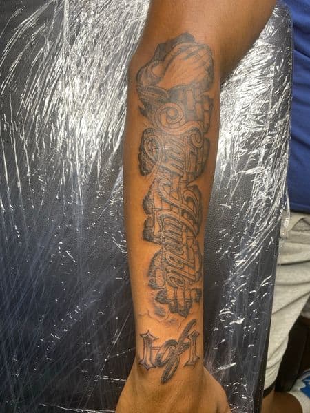 Black & Grey + Lettering praying hands tattoo on Forearm by hippie.Inkster on TattMe