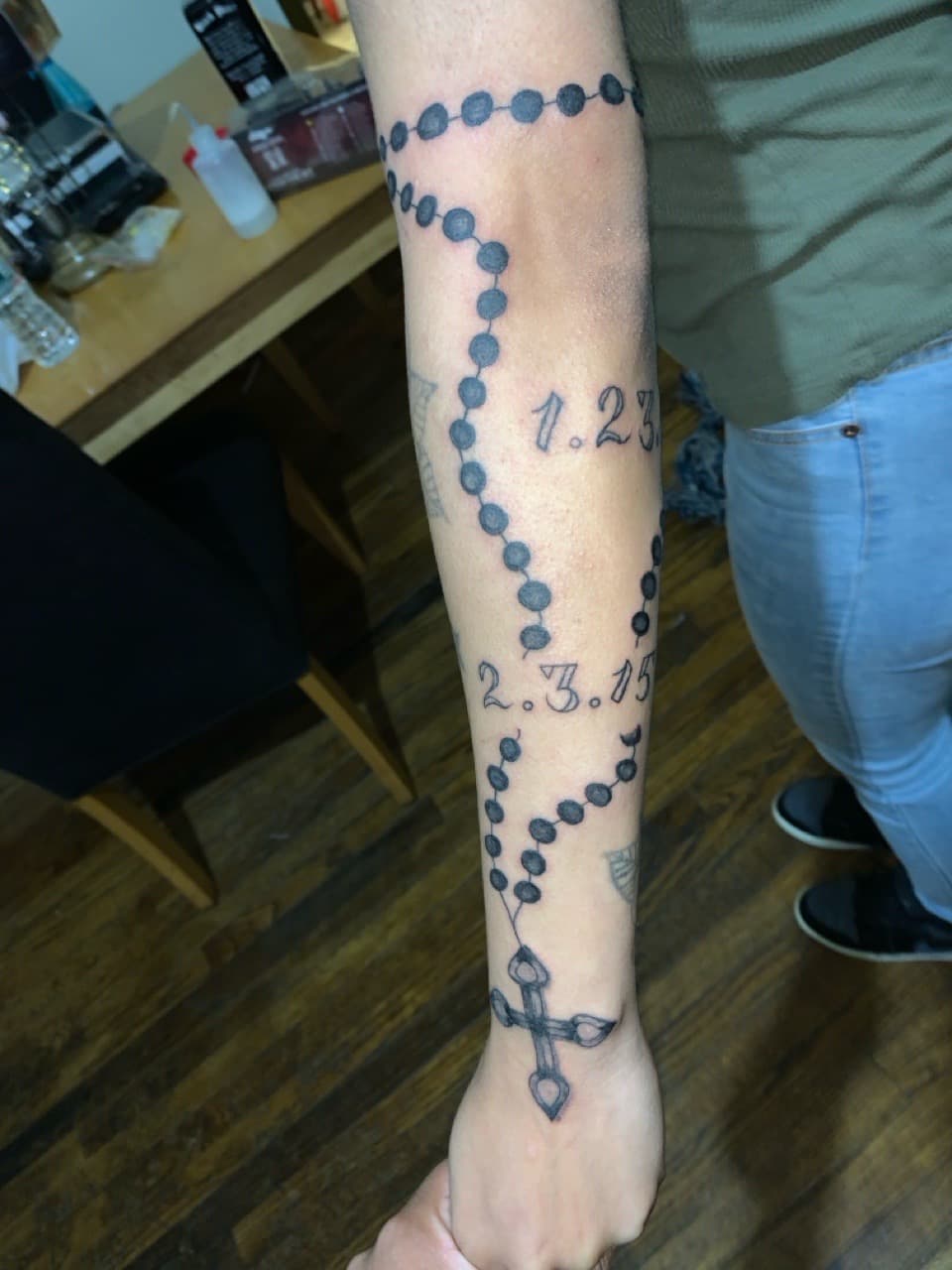 Black-work + Line-work rosary tattoo on Forearm by hippie.Inkster on TattMe