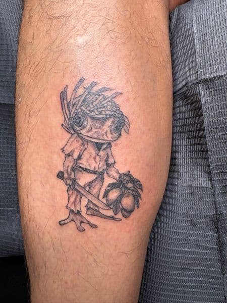 Black & Grey + Illustrative frog tattoo on Calf by hippie.Inkster on TattMe