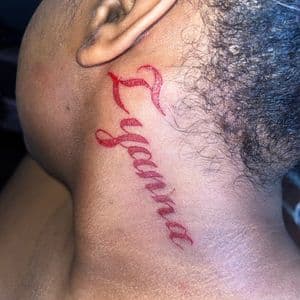 Lettering + Script name tattoo on Neck (Side) by hippie.Inkster on TattMe