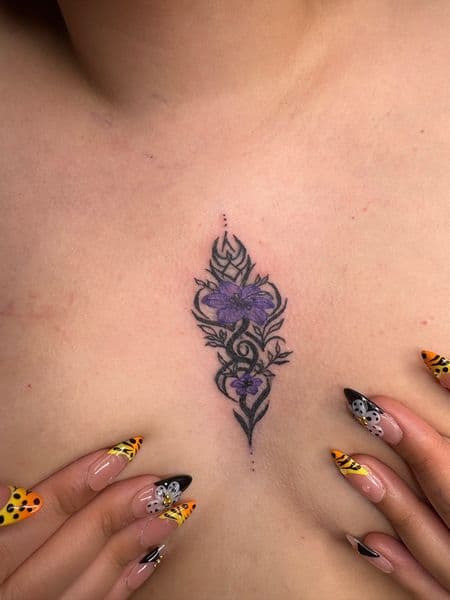 Floral + Fine Line flowers tattoo on Sternum by hippie.Inkster on TattMe