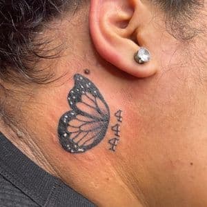 Black & Grey + Fine Line butterfly tattoo on Neck (Side) by hippie.Inkster on TattMe