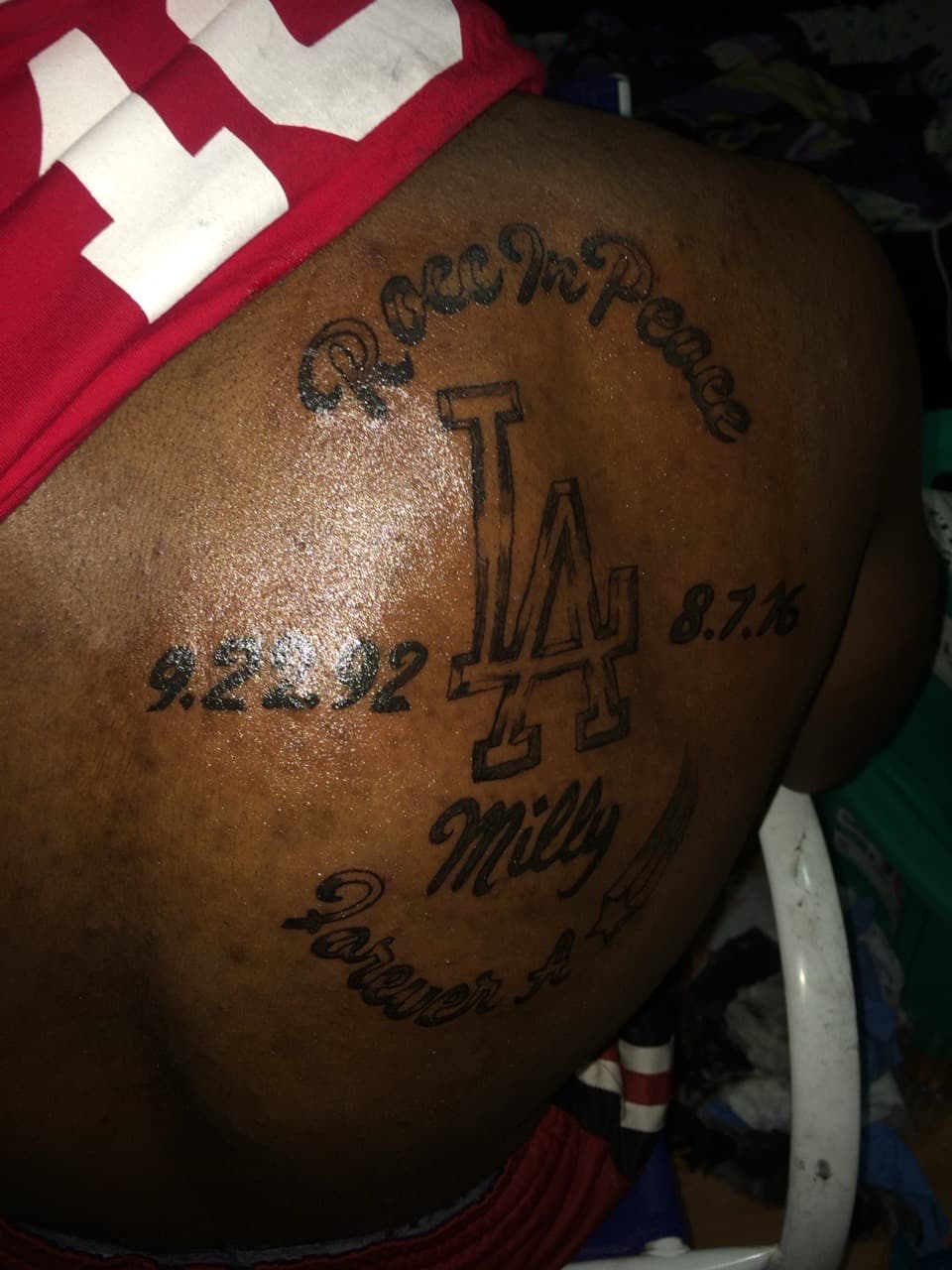 Lettering + Script numbers tattoo on Upper Back by hippie.Inkster on TattMe