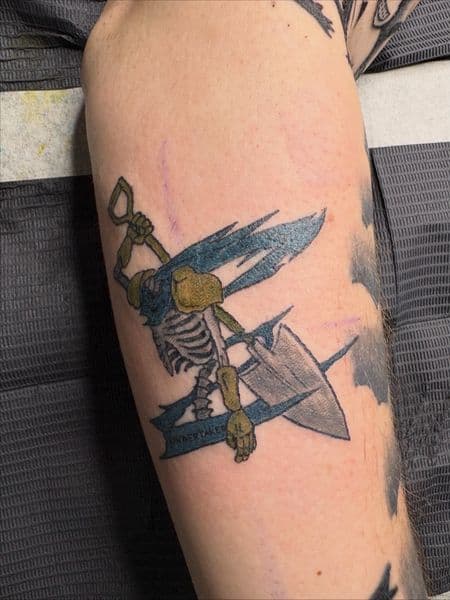 New School + Color skeleton tattoo on Upper Arm by hippie.Inkster on TattMe