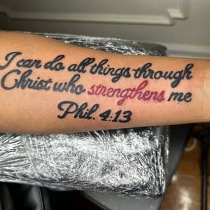 Lettering + Script scripture tattoo on Forearm by hippie.Inkster on TattMe