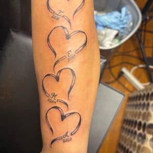 Fine Line + Lettering hearts tattoo on Forearm by hippie.Inkster on TattMe