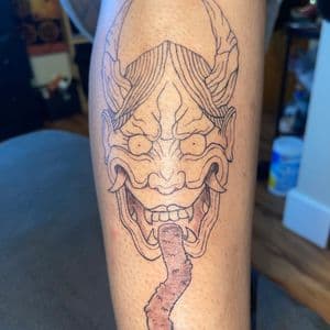 Japanese + Line-work hannya tattoo on Calf by hippie.Inkster on TattMe
