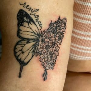 Fine Line + Black-work butterfly tattoo on Upper Arm by hippie.Inkster on TattMe