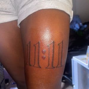 Lettering + Black-work numbers tattoo on Thigh by hippie.Inkster on TattMe