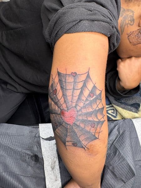 Black & Grey + Color spider web tattoo on Elbow by hippie.Inkster on TattMe