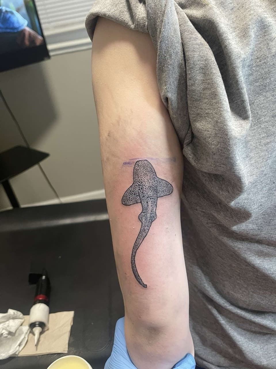 Dot-work + Black & Grey shark tattoo on Upper Arm by Eternal_Ink_Tatz on TattMe