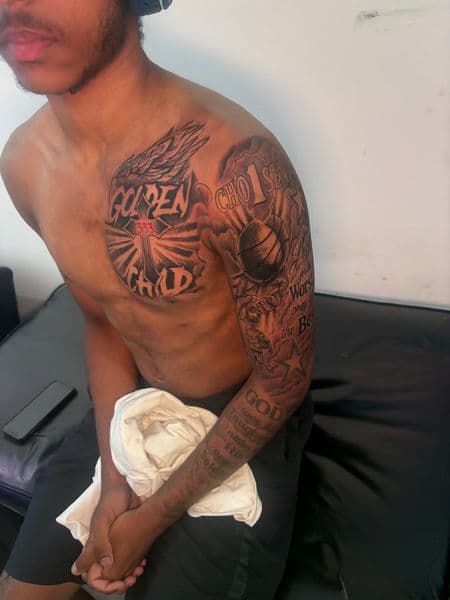Black & Grey + Lettering cross tattoo on Half Sleeve by Tattoos_by_Dalton on TattMe