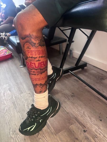 Lettering + Black & Grey lettering tattoo on Calf by Tattoos_by_Dalton on TattMe