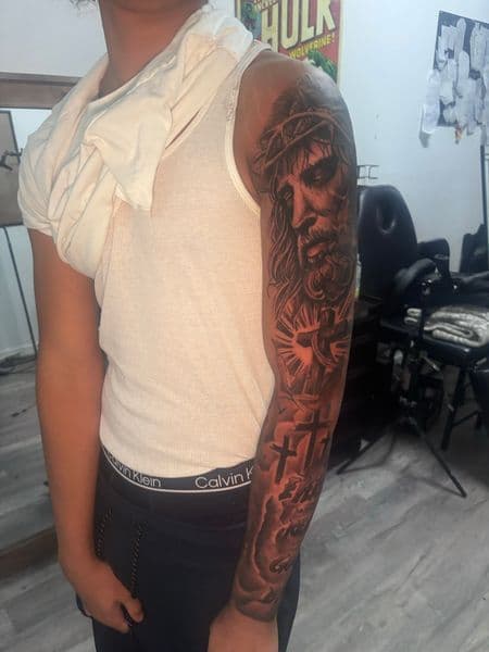 Black & Grey + Realism jesus tattoo on Full Sleeve by Tattoos_by_Dalton on TattMe
